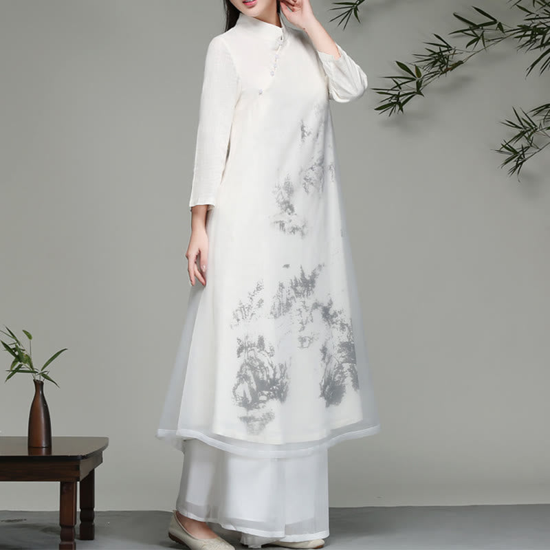 Abito midi in chiffon a maniche lunghe con motivo a rana cinese Buddha Stones