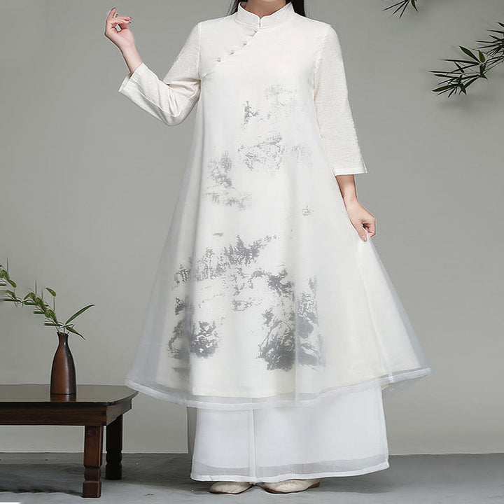 Abito midi in chiffon a maniche lunghe con motivo a rana cinese Buddha Stones