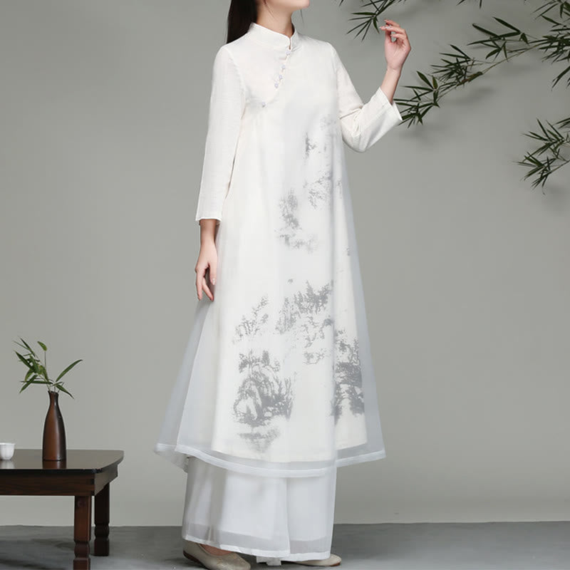 Abito midi in chiffon a maniche lunghe con motivo a rana cinese Buddha Stones