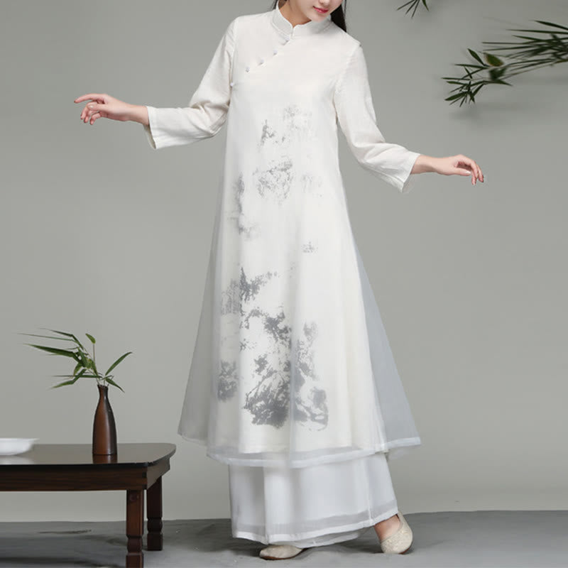 Abito midi in chiffon a maniche lunghe con motivo a rana cinese Buddha Stones