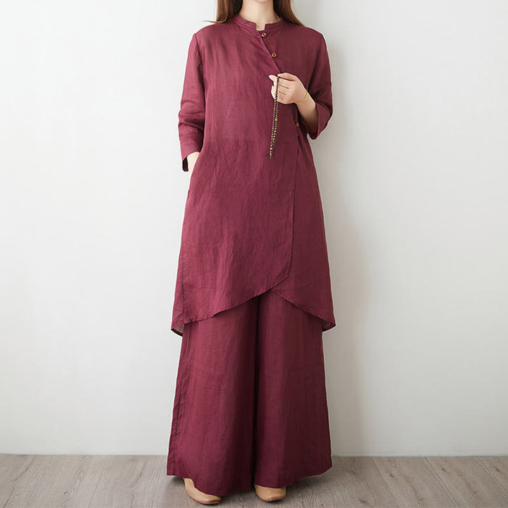 Set da donna in cotone e lino con camicia e pantaloni a maniche a tre quarti, motivo: Buddha Stones , 2 pezzi