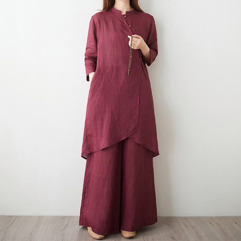 Set da donna in cotone e lino con camicia e pantaloni a maniche a tre quarti, motivo: Buddha Stones , 2 pezzi - IndianRed - US8-10, UK/AU12-14, EU40-42 (2XL) - image 0