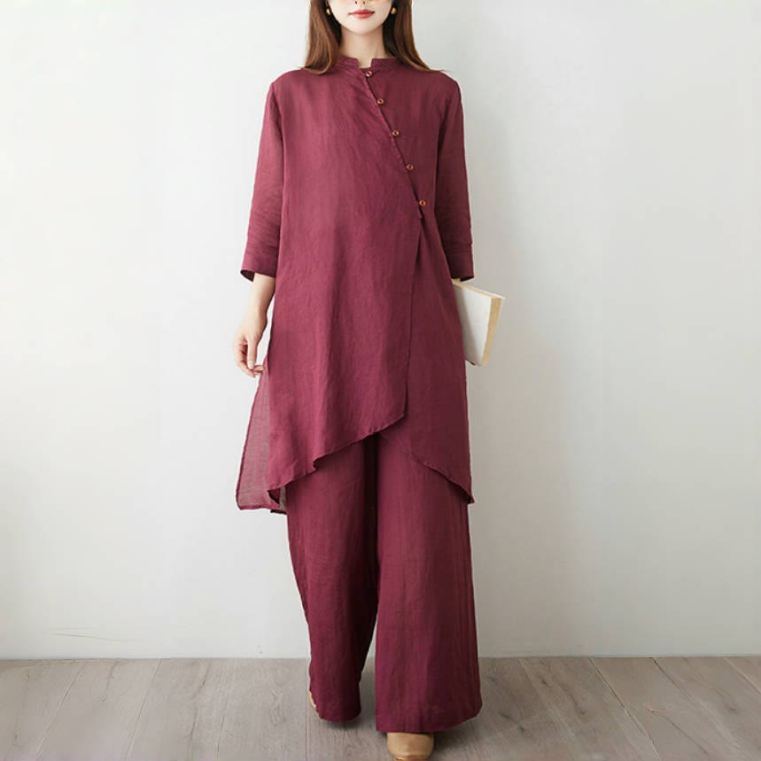 Set da donna in cotone e lino con camicia e pantaloni a maniche a tre quarti, motivo: Buddha Stones , 2 pezzi