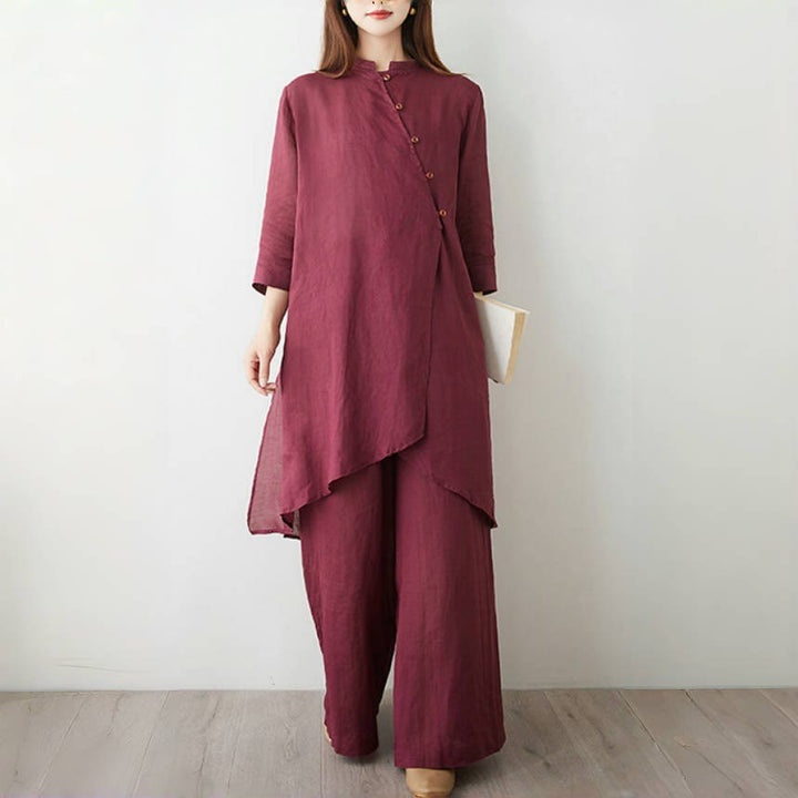 Set da donna in cotone e lino con camicia e pantaloni a maniche a tre quarti, motivo: Buddha Stones , 2 pezzi