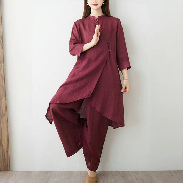 Set da donna in cotone e lino con camicia e pantaloni a maniche a tre quarti, motivo: Buddha Stones , 2 pezzi - image 1