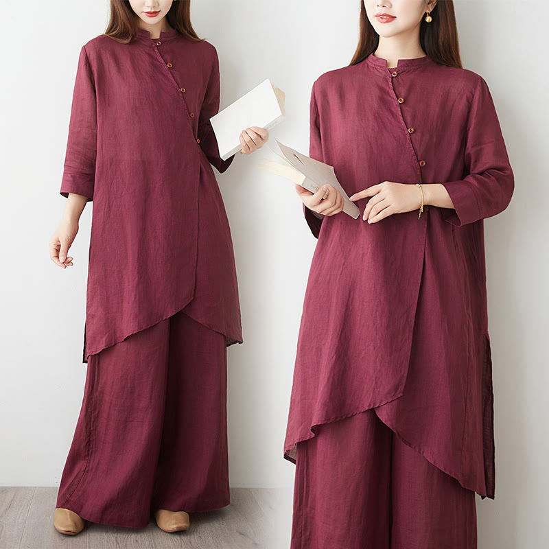 Set da donna in cotone e lino con camicia e pantaloni a maniche a tre quarti, motivo: Buddha Stones , 2 pezzi