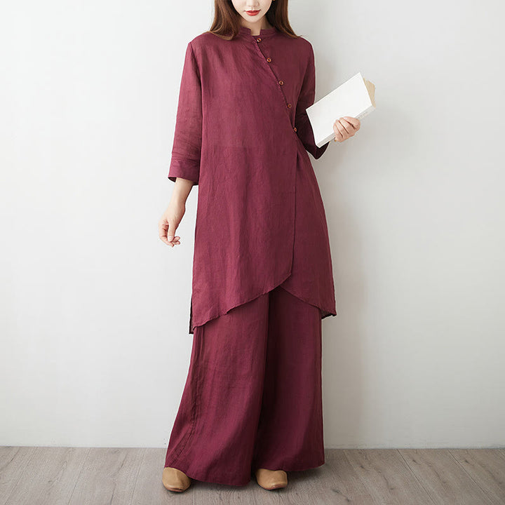 Set da donna in cotone e lino con camicia e pantaloni a maniche a tre quarti, motivo: Buddha Stones , 2 pezzi