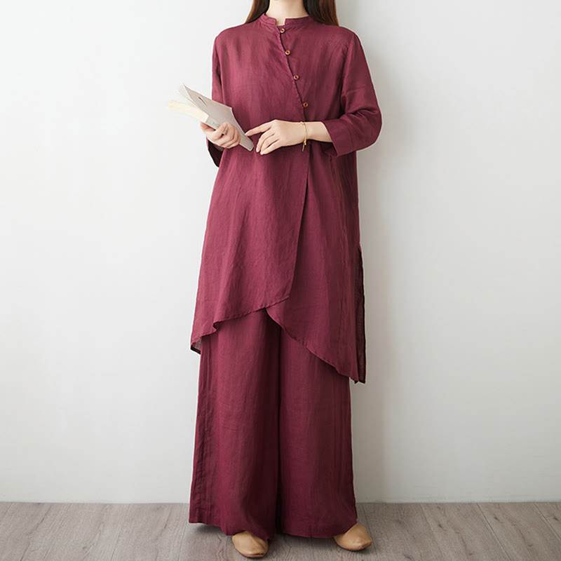 Set da donna in cotone e lino con camicia e pantaloni a maniche a tre quarti, motivo: Buddha Stones , 2 pezzi