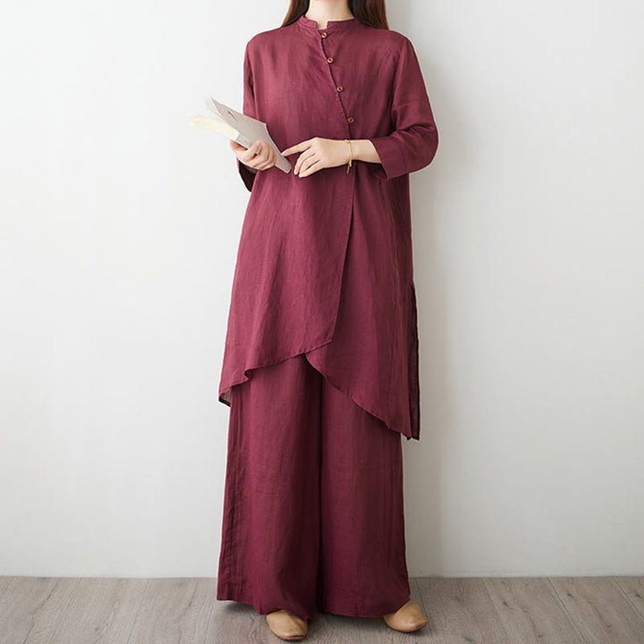Set da donna in cotone e lino con camicia e pantaloni a maniche a tre quarti, motivo: Buddha Stones , 2 pezzi