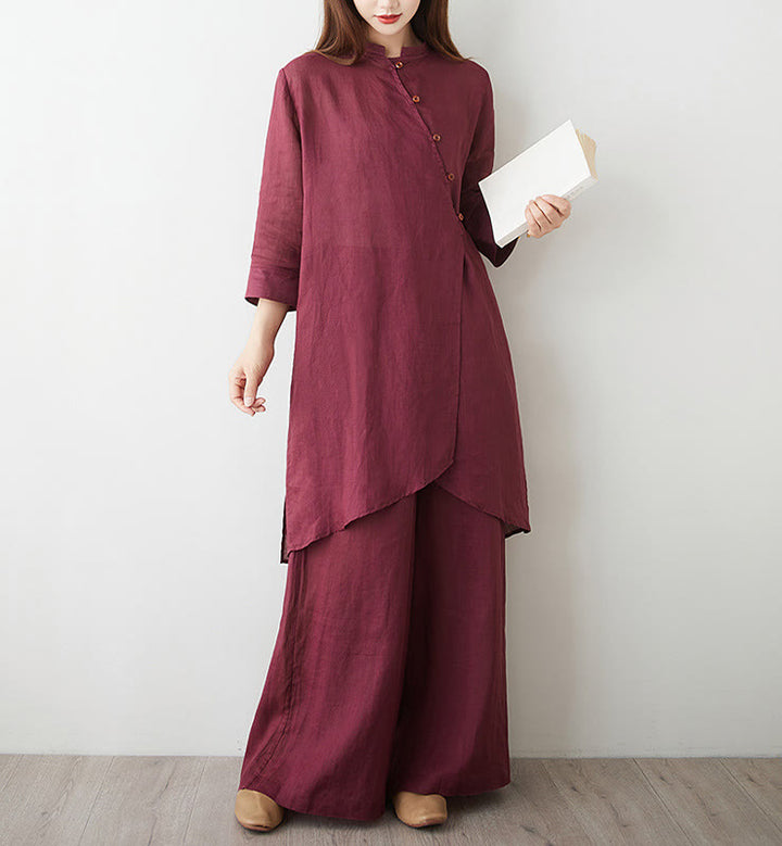 Set da donna in cotone e lino con camicia e pantaloni a maniche a tre quarti, motivo: Buddha Stones , 2 pezzi - image 4