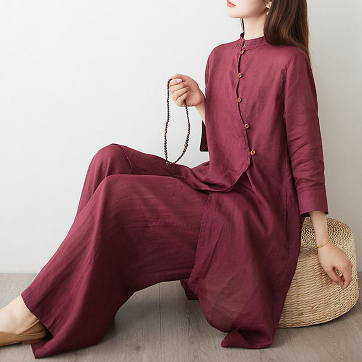 Set da donna in cotone e lino con camicia e pantaloni a maniche a tre quarti, motivo: Buddha Stones , 2 pezzi