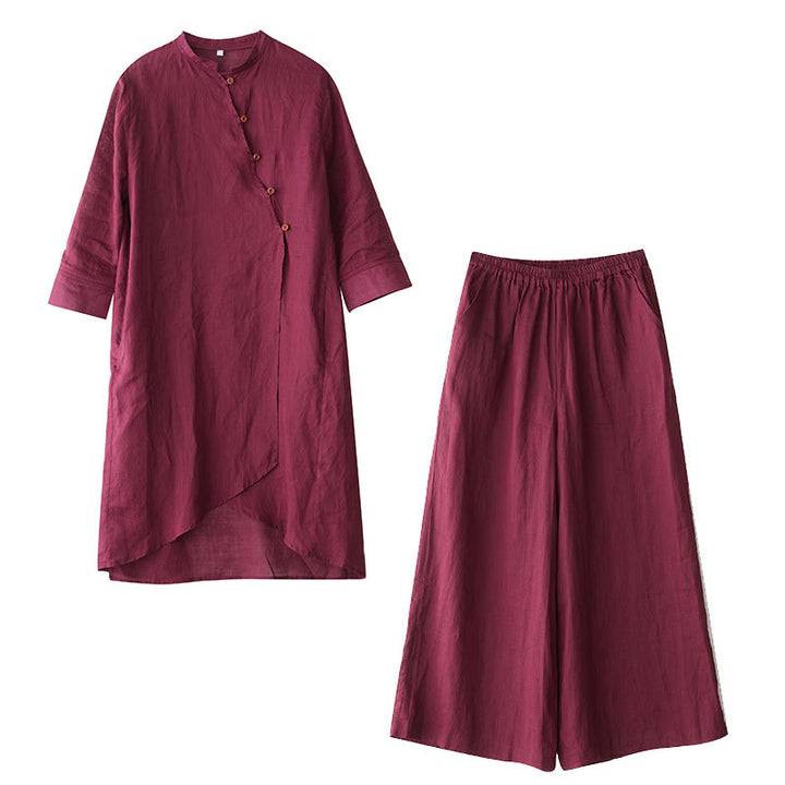 Set da donna in cotone e lino con camicia e pantaloni a maniche a tre quarti, motivo: Buddha Stones , 2 pezzi