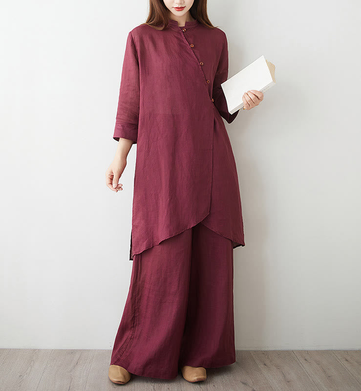 Set da donna in cotone e lino con camicia e pantaloni a maniche a tre quarti, motivo: Buddha Stones , 2 pezzi