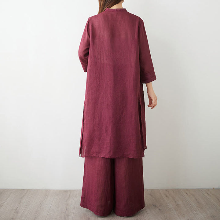 Set da donna in cotone e lino con camicia e pantaloni a maniche a tre quarti, motivo: Buddha Stones , 2 pezzi - image 2