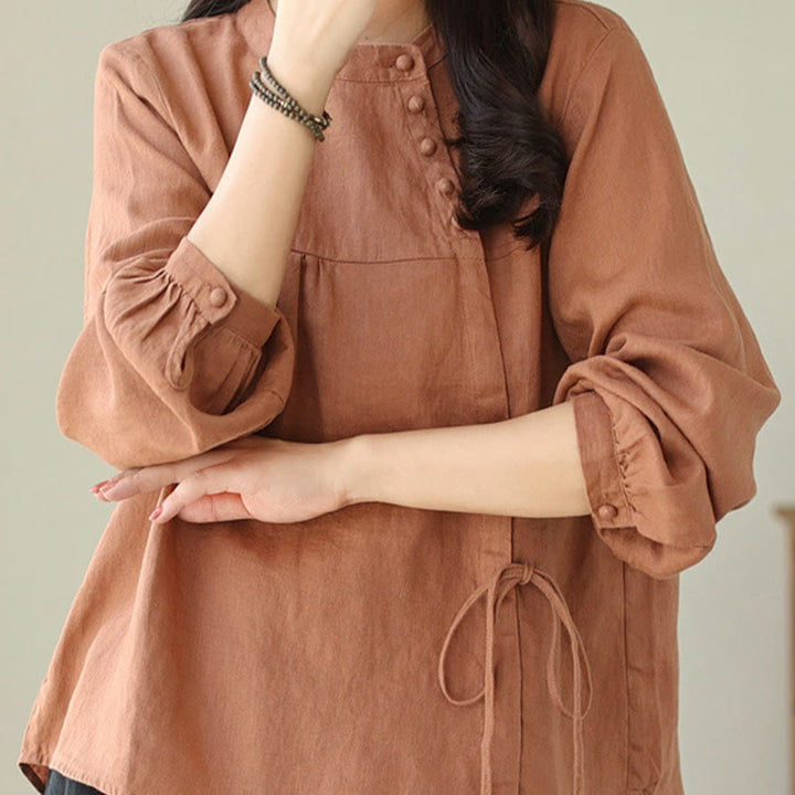Camicia da donna in lino e cotone a maniche lunghe con colletto alto, tinta unita e casual, modello Buddha Stones - image 3