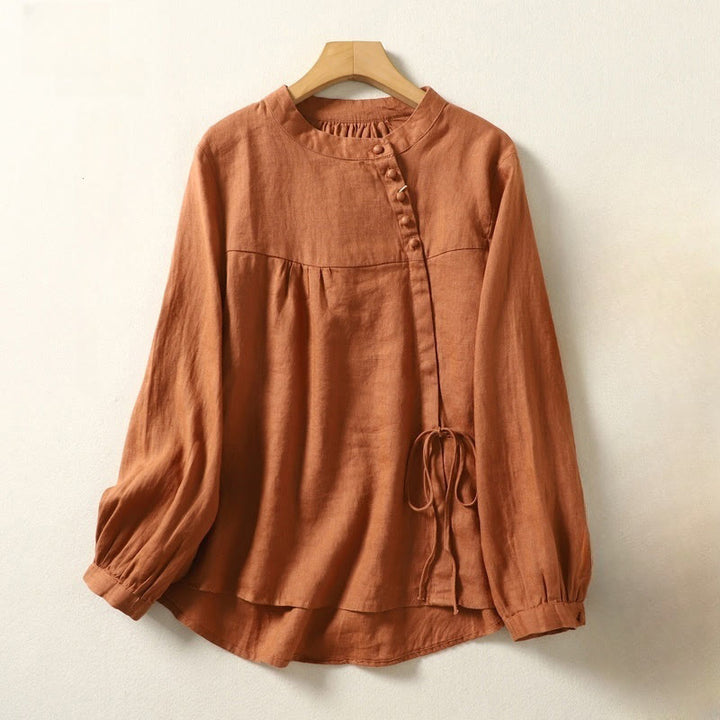 Camicia da donna in lino e cotone a maniche lunghe con colletto alto, tinta unita e casual, modello Buddha Stones - image 2