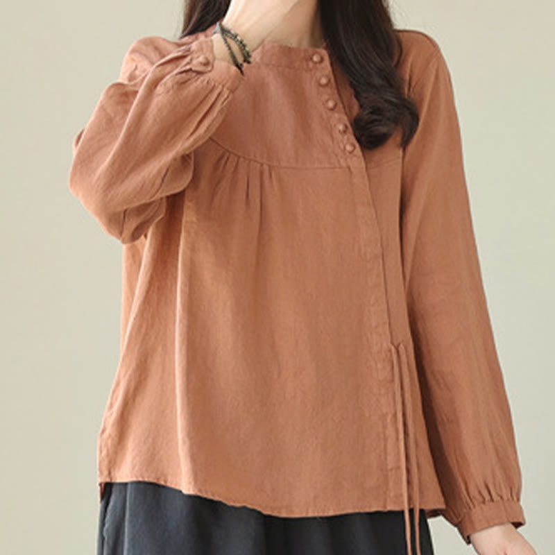 Camicia da donna in lino e cotone a maniche lunghe con colletto alto, tinta unita e casual, modello Buddha Stones - image 6