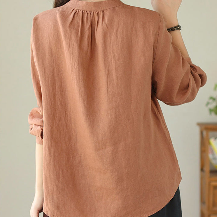 Camicia da donna in lino e cotone a maniche lunghe con colletto alto, tinta unita e casual, modello Buddha Stones - image 5