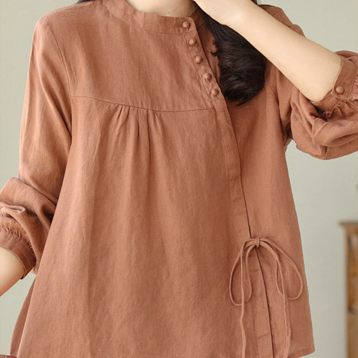 Camicia da donna in lino e cotone a maniche lunghe con colletto alto, tinta unita e casual, modello Buddha Stones - image 4