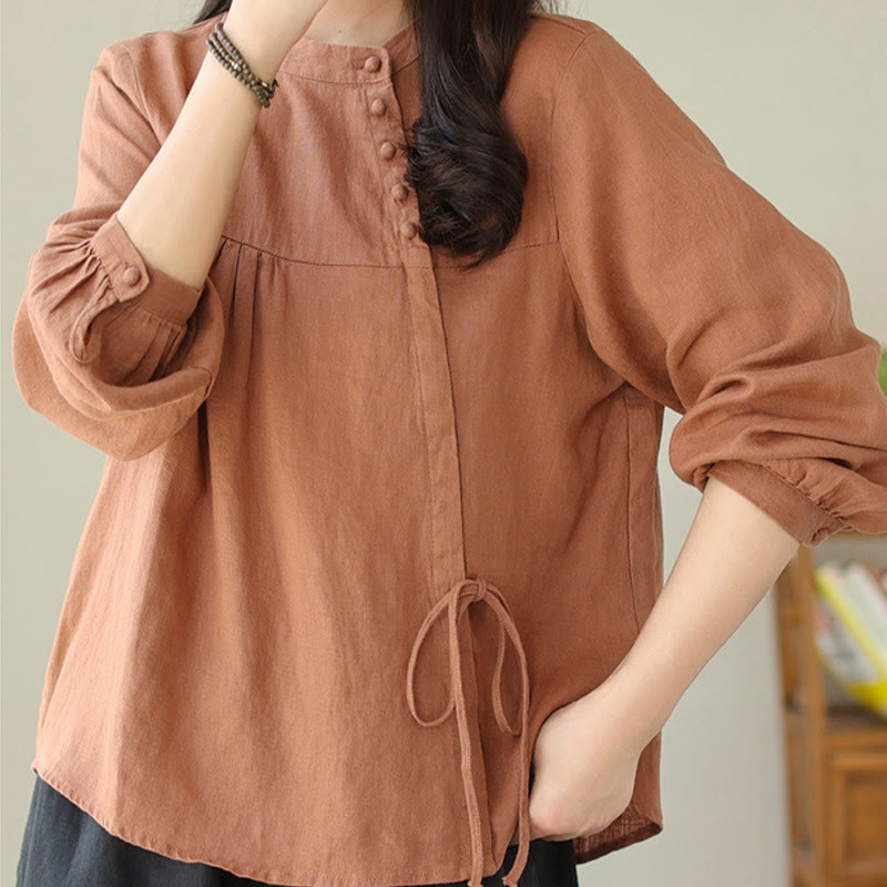 Camicia da donna in lino e cotone a maniche lunghe con colletto alto, tinta unita e casual, modello Buddha Stones - Cioccolato - US8-10, UK/AU12-14, EU40-42 (2XL) - image 1