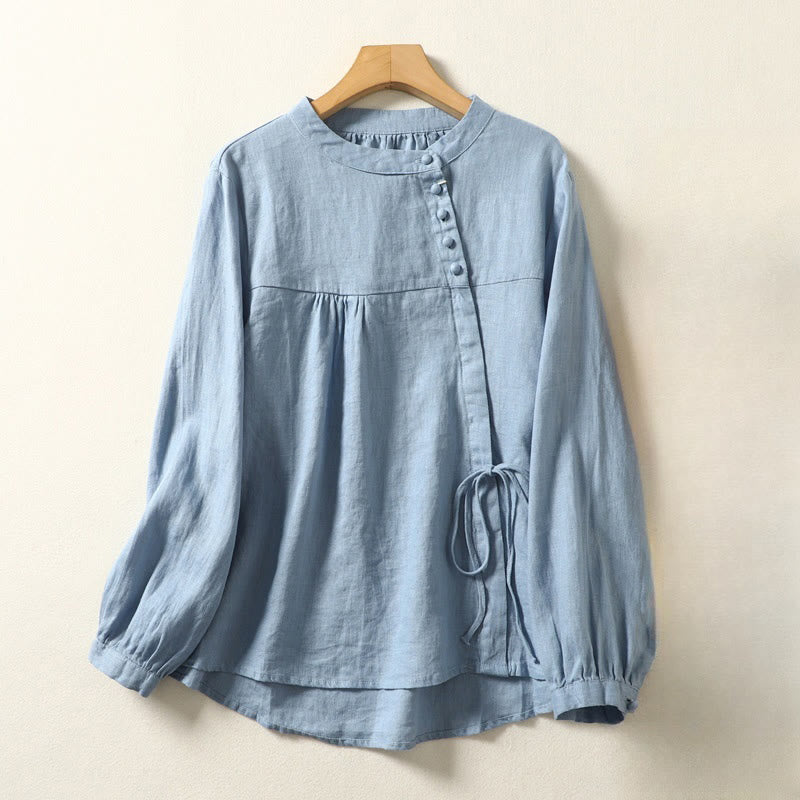Camicia da donna in lino e cotone a maniche lunghe con colletto alto, tinta unita e casual, modello Buddha Stones - image 9