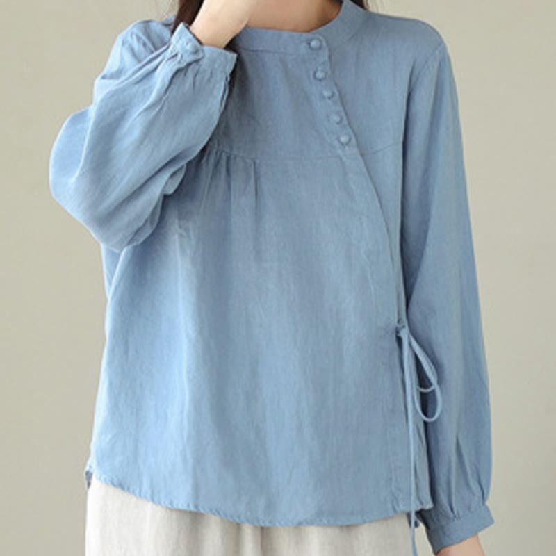 Camicia da donna in lino e cotone a maniche lunghe con colletto alto, tinta unita e casual, modello Buddha Stones - image 10