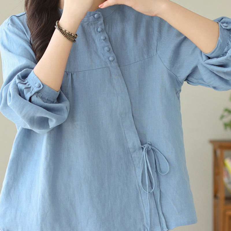 Camicia da donna in lino e cotone a maniche lunghe con colletto alto, tinta unita e casual, modello Buddha Stones - AzzurroCielo Chiaro - US8-10, UK/AU12-14, EU40-42 (2XL) - image 8