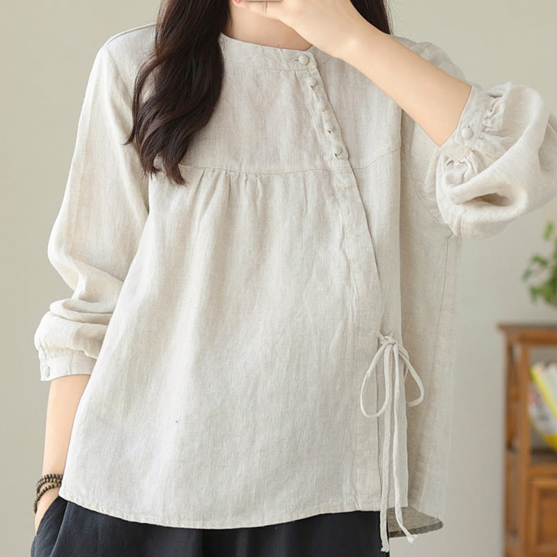 Camicia da donna in lino e cotone a maniche lunghe con colletto alto, tinta unita e casual, modello Buddha Stones - image 19