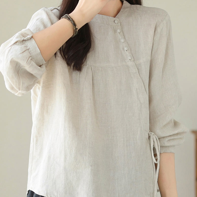 Camicia da donna in lino e cotone a maniche lunghe con colletto alto, tinta unita e casual, modello Buddha Stones - image 18
