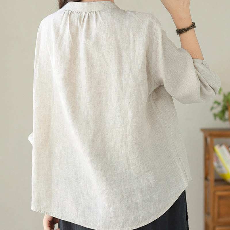 Camicia da donna in lino e cotone a maniche lunghe con colletto alto, tinta unita e casual, modello Buddha Stones - image 17