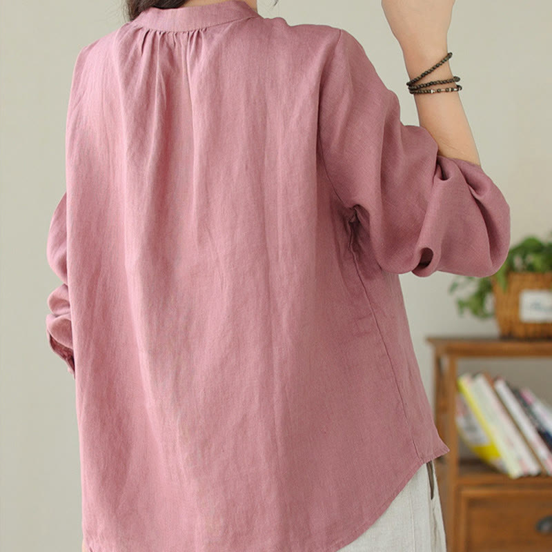 Camicia da donna in lino e cotone a maniche lunghe con colletto alto, tinta unita e casual, modello Buddha Stones - image 24