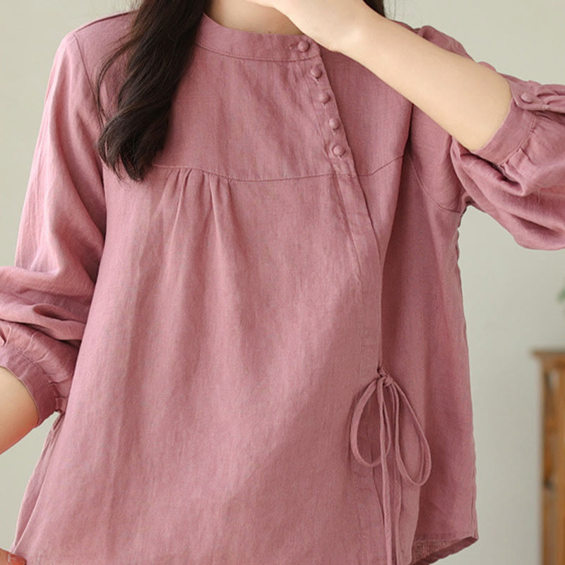 Camicia da donna in lino e cotone a maniche lunghe con colletto alto, tinta unita e casual, modello Buddha Stones - Corallo chiaro - US8-10, UK/AU12-14, EU40-42 (2XL) - image 22