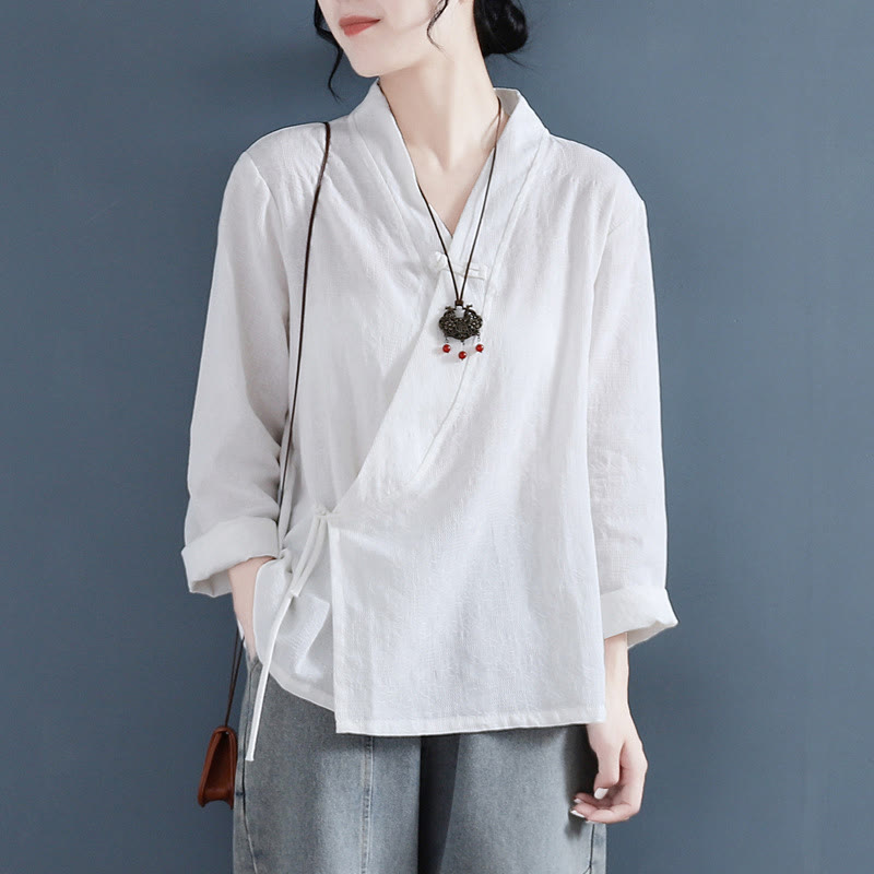 Camicia da donna in cotone e lino Zen, casual, a maniche lunghe, tinta unita, con bottoni e rana, motivo Buddha Stones - Bianco - US8-10, UK/AU12-14, EU40-42 (2XL) - image 0