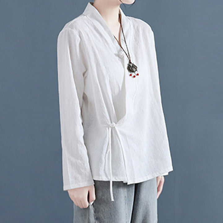 Camicia da donna in cotone e lino Zen, casual, a maniche lunghe, tinta unita, con bottoni e rana, motivo Buddha Stones - image 2