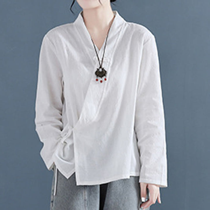 Camicia da donna in cotone e lino Zen, casual, a maniche lunghe, tinta unita, con bottoni e rana, motivo Buddha Stones - image 1