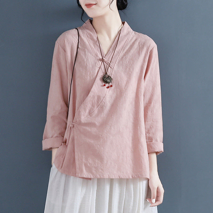 Camicia da donna in cotone e lino Zen, casual, a maniche lunghe, tinta unita, con bottoni e rana, motivo Buddha Stones - image 7