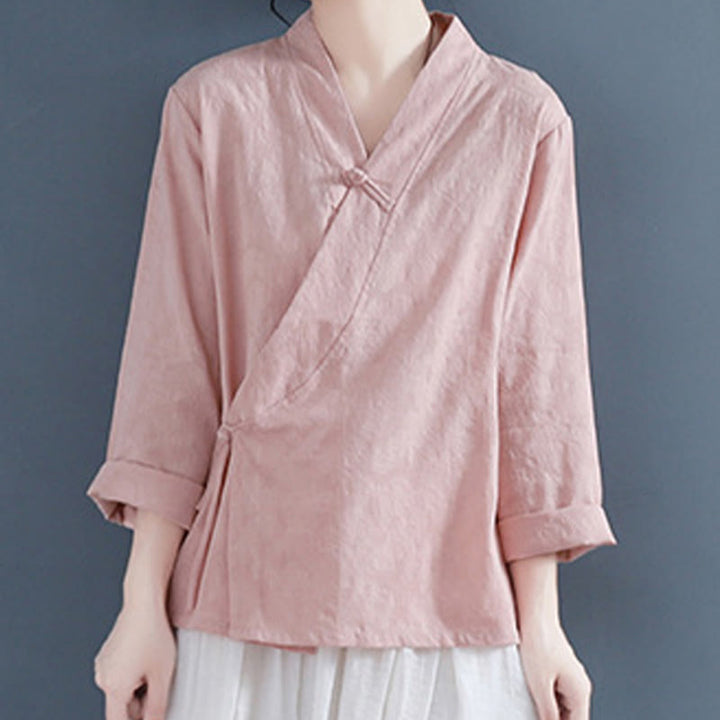 Camicia da donna in cotone e lino Zen, casual, a maniche lunghe, tinta unita, con bottoni e rana, motivo Buddha Stones - image 6