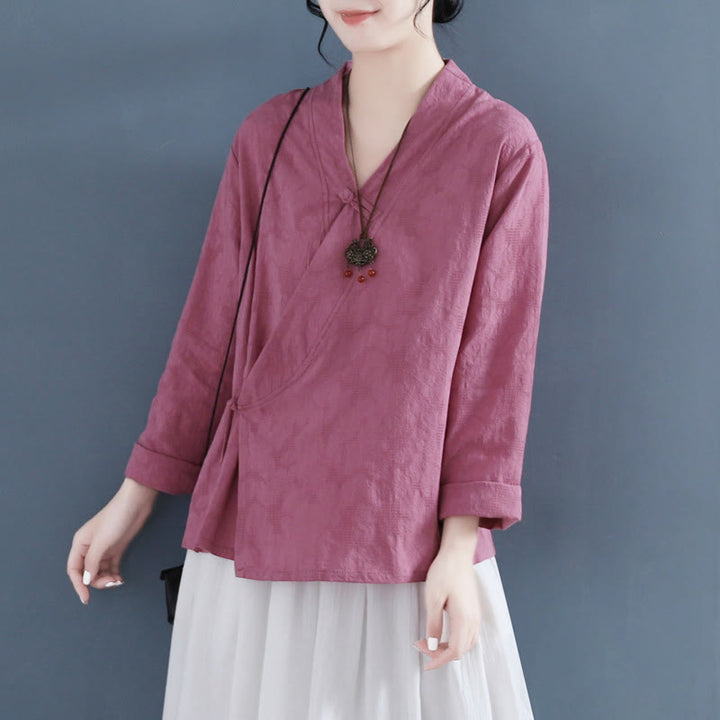 Camicia da donna in cotone e lino Zen, casual, a maniche lunghe, tinta unita, con bottoni e rana, motivo Buddha Stones - image 9