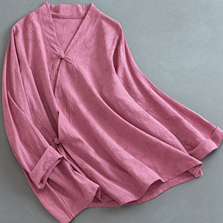 Camicia da donna in cotone e lino Zen, casual, a maniche lunghe, tinta unita, con bottoni e rana, motivo Buddha Stones - image 10