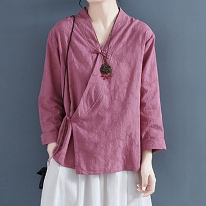 Camicia da donna in cotone e lino Zen, casual, a maniche lunghe, tinta unita, con bottoni e rana, motivo Buddha Stones - Rosso viola pallido - US8-10, UK/AU12-14, EU40-42 (2XL) - image 8