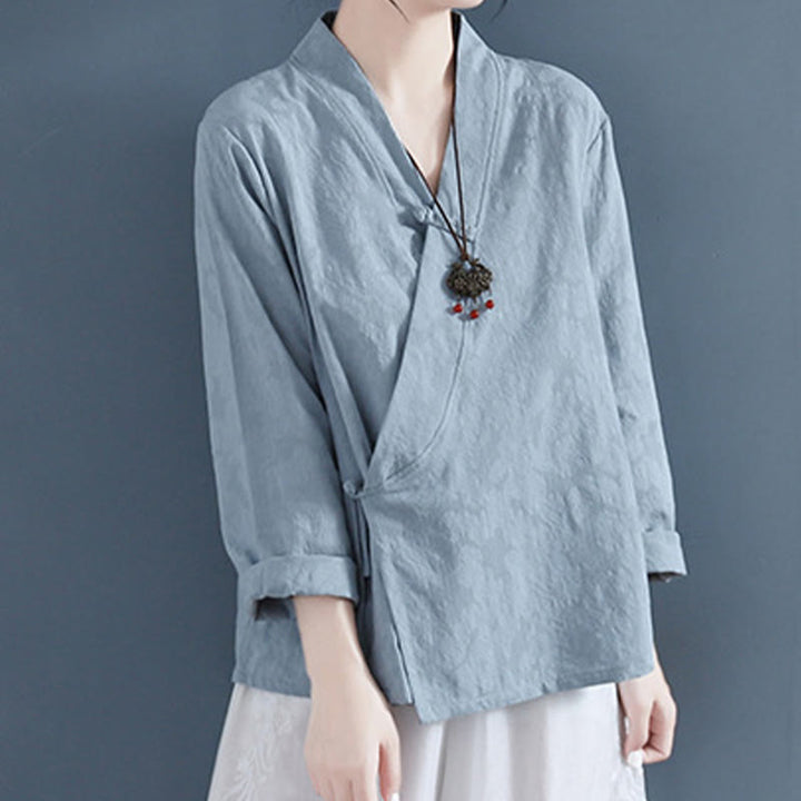 Camicia da donna in cotone e lino Zen, casual, a maniche lunghe, tinta unita, con bottoni e rana, motivo Buddha Stones - image 21