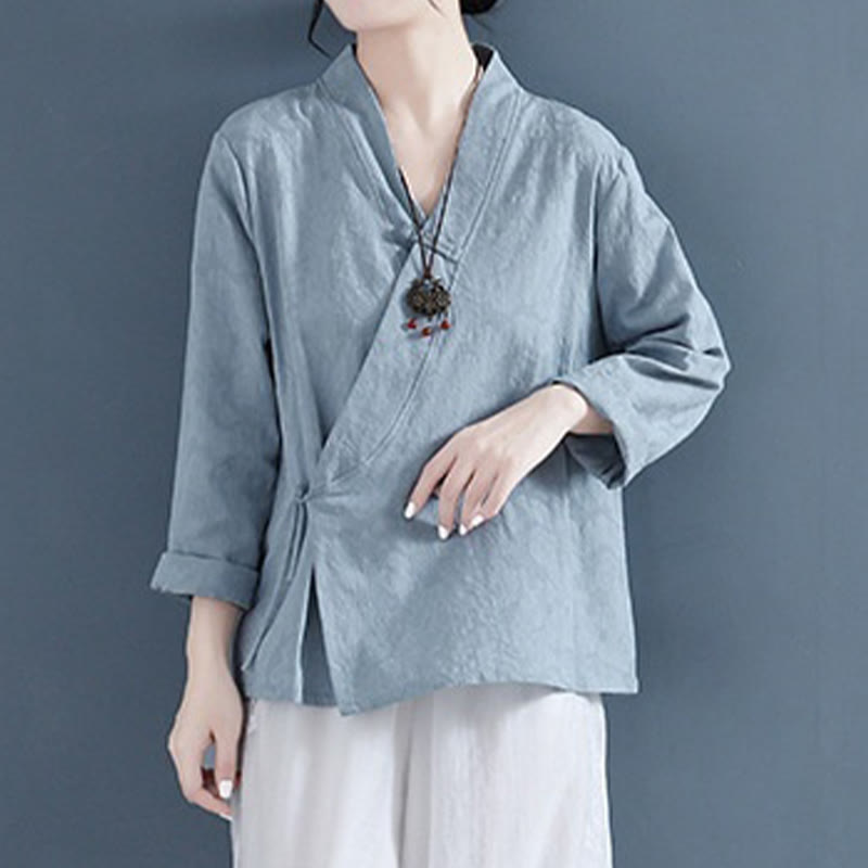Camicia da donna in cotone e lino Zen, casual, a maniche lunghe, tinta unita, con bottoni e rana, motivo Buddha Stones - image 20