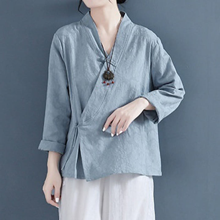 Camicia da donna in cotone e lino Zen, casual, a maniche lunghe, tinta unita, con bottoni e rana, motivo Buddha Stones - image 20