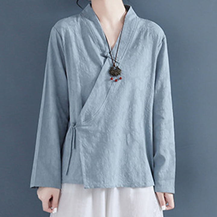 Camicia da donna in cotone e lino Zen, casual, a maniche lunghe, tinta unita, con bottoni e rana, motivo Buddha Stones - Azzurro cielo chiaro - US8-10, UK/AU12-14, EU40-42 (2XL) - image 19