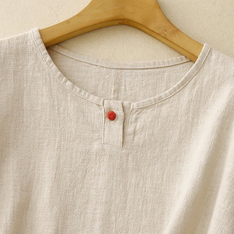 T-shirt casual da donna in cotone e lino con maniche corte e scollo a giro, motivo Buddha Stones, tinta unita - image 2