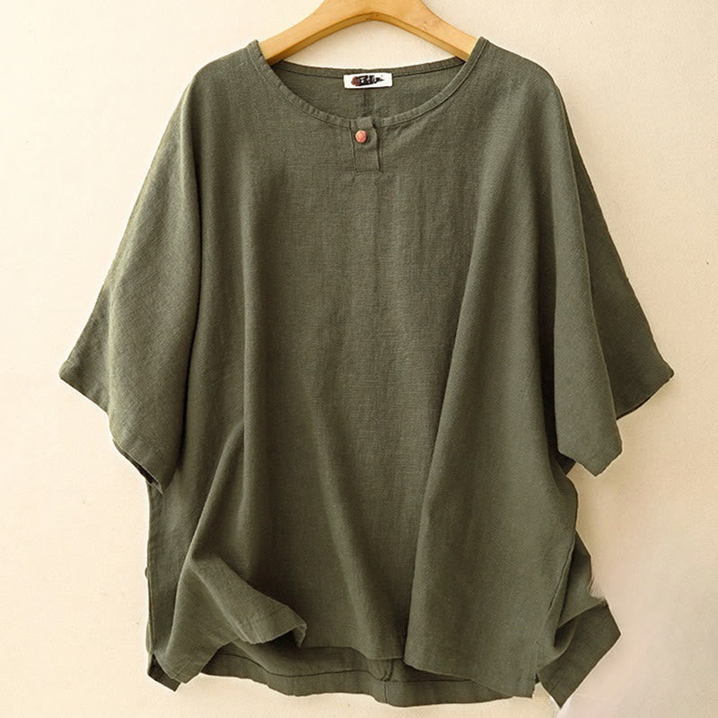 T-shirt casual da donna in cotone e lino con maniche corte e scollo a giro, motivo Buddha Stones, tinta unita - Verde oliva scuro - US12, UK/AU16, EU44 (2XL) - image 10