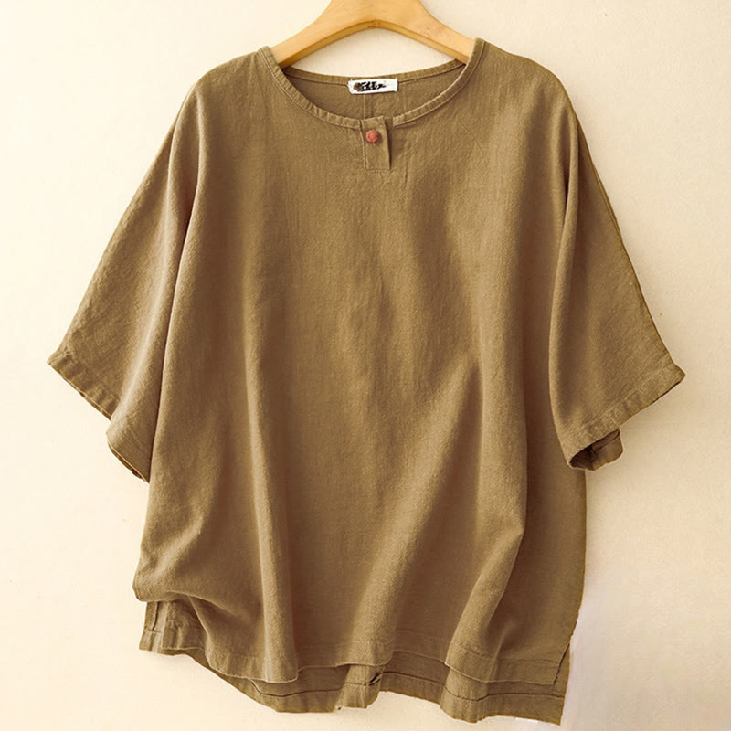 T-shirt casual da donna in cotone e lino con maniche corte e scollo a giro, motivo Buddha Stones, tinta unita
