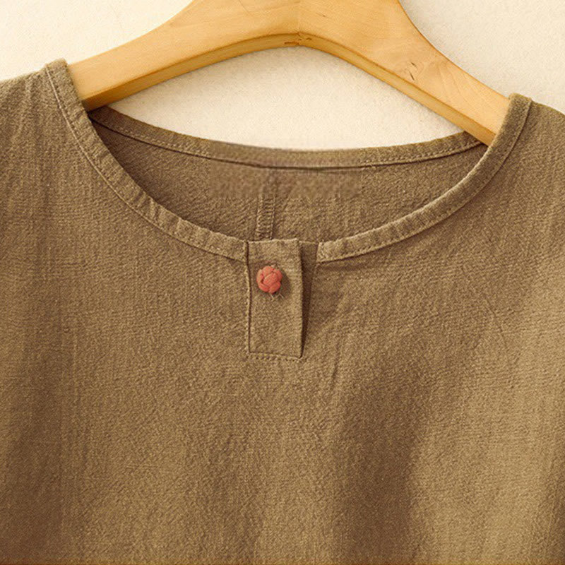 T-shirt casual da donna in cotone e lino con maniche corte e scollo a giro, motivo Buddha Stones, tinta unita
