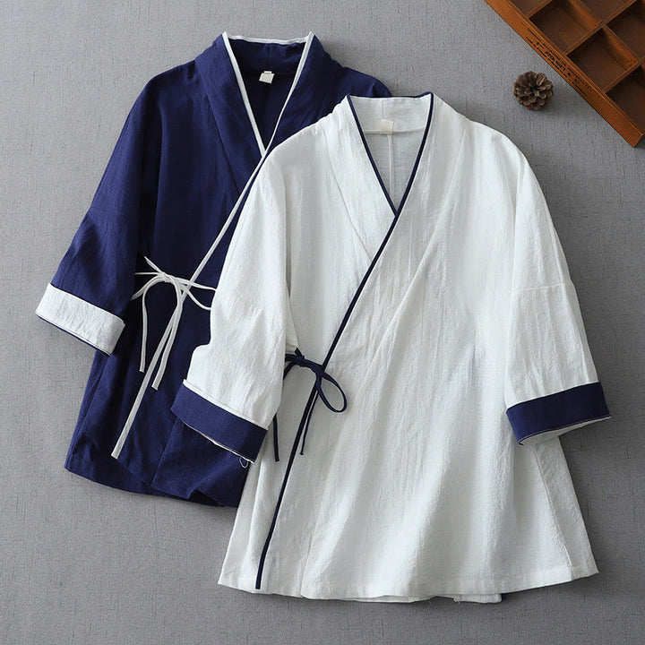 Camicia da donna in cotone e lino Zen con maniche a tre quarti, scollo a V, cuciture colorate casual, Buddha Stones