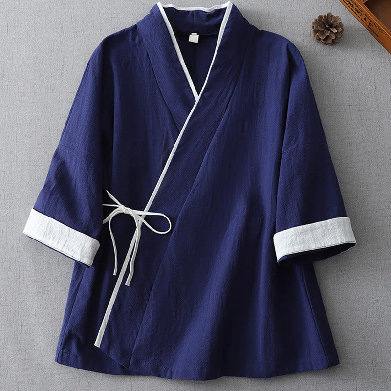 Camicia da donna in cotone e lino Zen con maniche a tre quarti, scollo a V, cuciture colorate casual, Buddha Stones - Marina - US8-10, UK/AU12-14, EU40-42 (2XL) - image 0